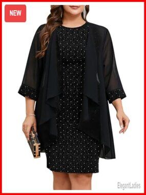Plus Size Sparkly Formal Dress Suit 2 Piece Chiffon Jacket Mother of Bride